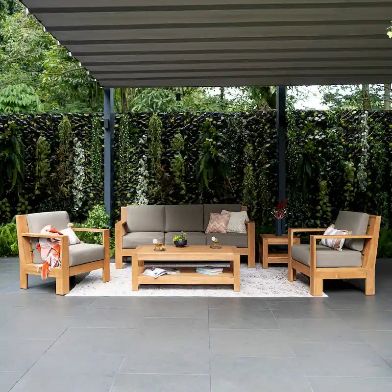 Ensemble de conversation de patio en teck Cambridge Casual Logan, 5 pièces, avec coussins Sunbrella
