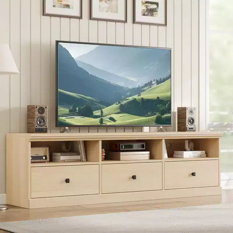 Mobile porta TV in stile modernista di metà secolo da 70 con cassetto contenitore e ripiani aperti
