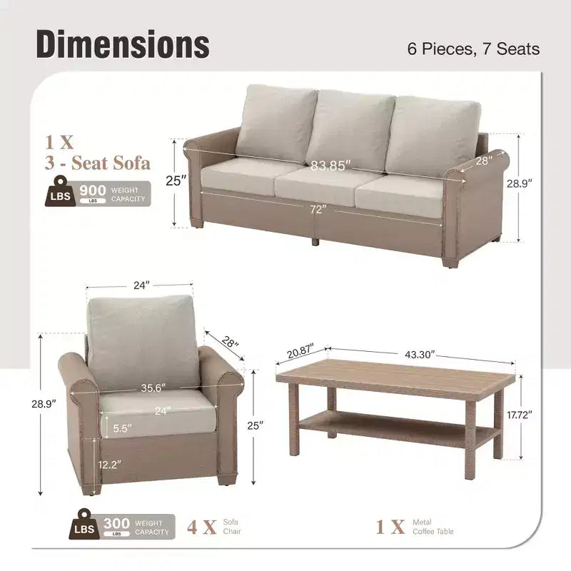 Captiva Designs 6-teiliges luxuriöses Gartensofa-Set aus Korbgeflecht mit geschwungenen Armlehnen und Kissen
