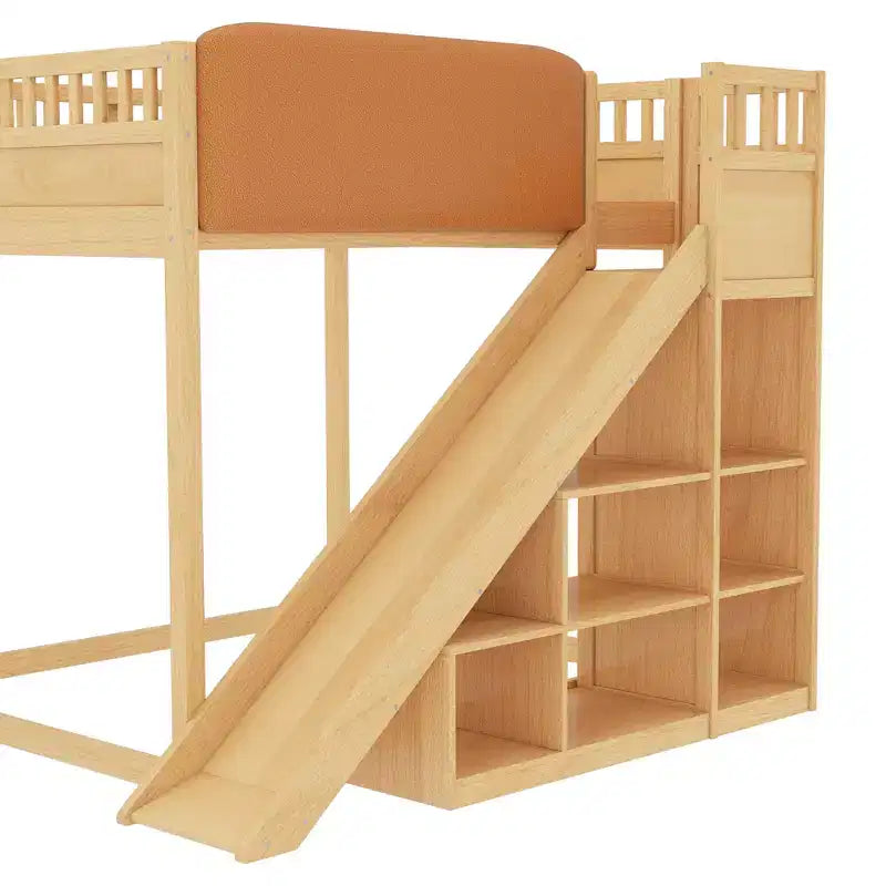 Lit mezzanine Bellemave avec tête de lit rembourrée et étagères de rangement, cadre en bois massif avec échelle et toboggan pour enfants
