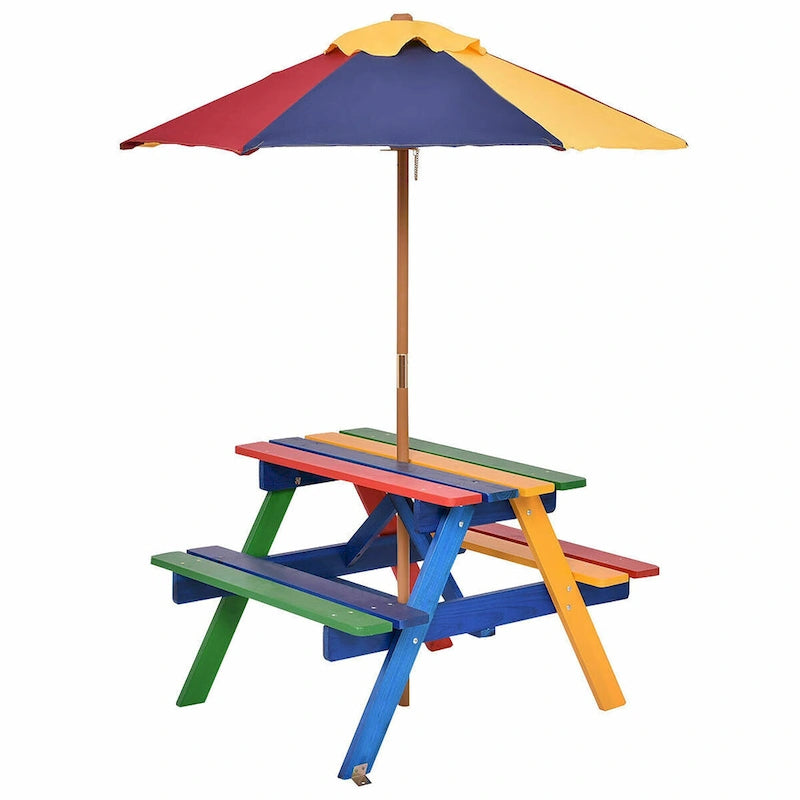 Costway Kinder-Picknicktisch mit 4 Sitzplätzen, Sonnenschirm, für Garten und Hof, klappbar
