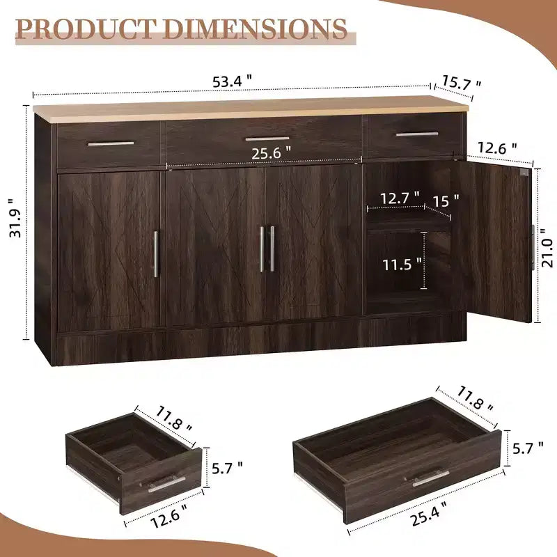 Credenza Celebalcony con contenitore, grande mobile da cucina da 53.4 con 3 cassetti e 4 ante, ripiano regolabile per cucina e soggiorno