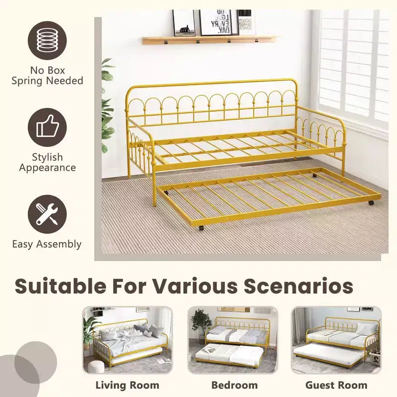 Daybed Costway in metallo singolo con letto estraibile, salvaspazio, trasformabile in divano, ruote con blocco, oro
