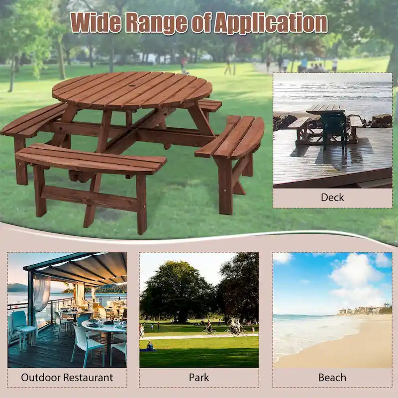 Ensemble de pique-nique rond en bois de sapin pour terrasse extérieure, pour 8 personnes, avec 4 bancs intégrés et un trou pour parasol
