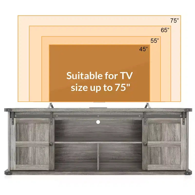 70-TV-Schrank für 75-Zoll-Fernseher, Unterhaltungsmöbel im Landhausstil mit Schiebetüren im Scheunentor-Stil und Stauraumschränken, moderner TV-Medienkonsolentisch