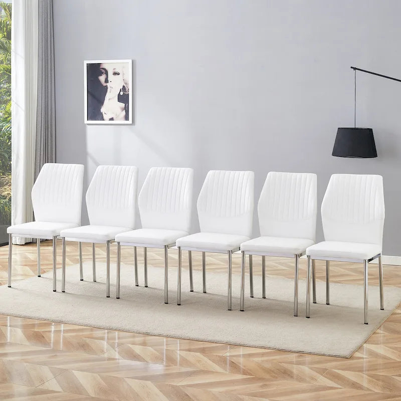 Luxuriöses, schlichtes Set aus 6 Esszimmerstühlen aus PU mit hoher Rückfederung und silbernen Metallbeinen, armlose Küchenstühle
