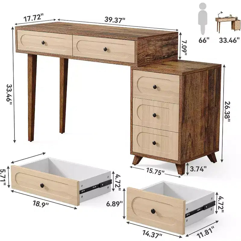 Lantine schrijftafel van 39 inch met 5 laden en uittrekbare kast, kleine uitschuifbare computer- en kaptafel voor kleine ruimtes, bruin