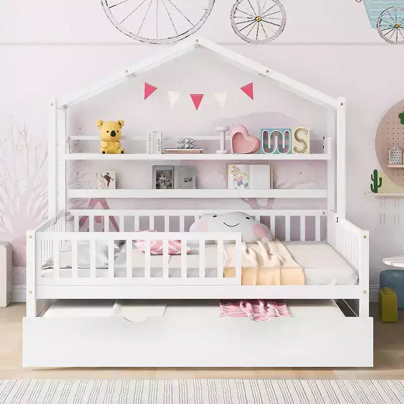 Lit cabane Acekool pour lit double avec lit gigogne simple, tiroirs de rangement et étagères, toit et barrières, lit plateforme pour enfants, blanc