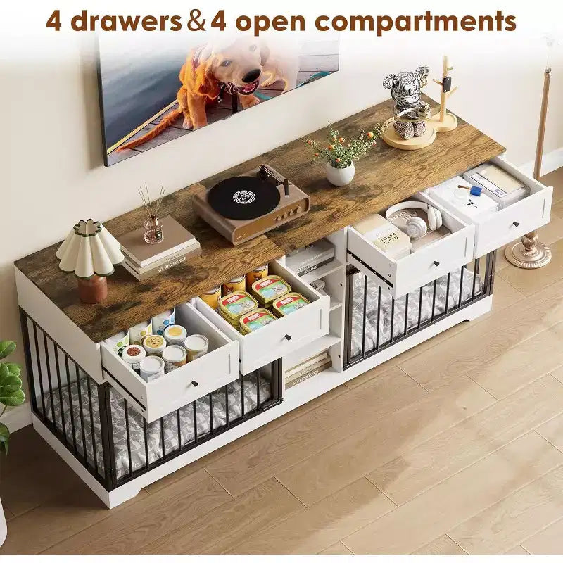 Meuble double cage pour chiens 82, grand chenil d’intérieur pour 2 chiens, cage en bois robuste faisant office de meuble TV avec 4 tiroirs et des étagères