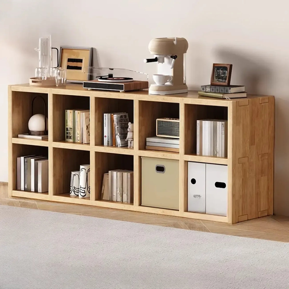 Moderne horizontale houten boekenkast met 8 vakken en naturel afwerking