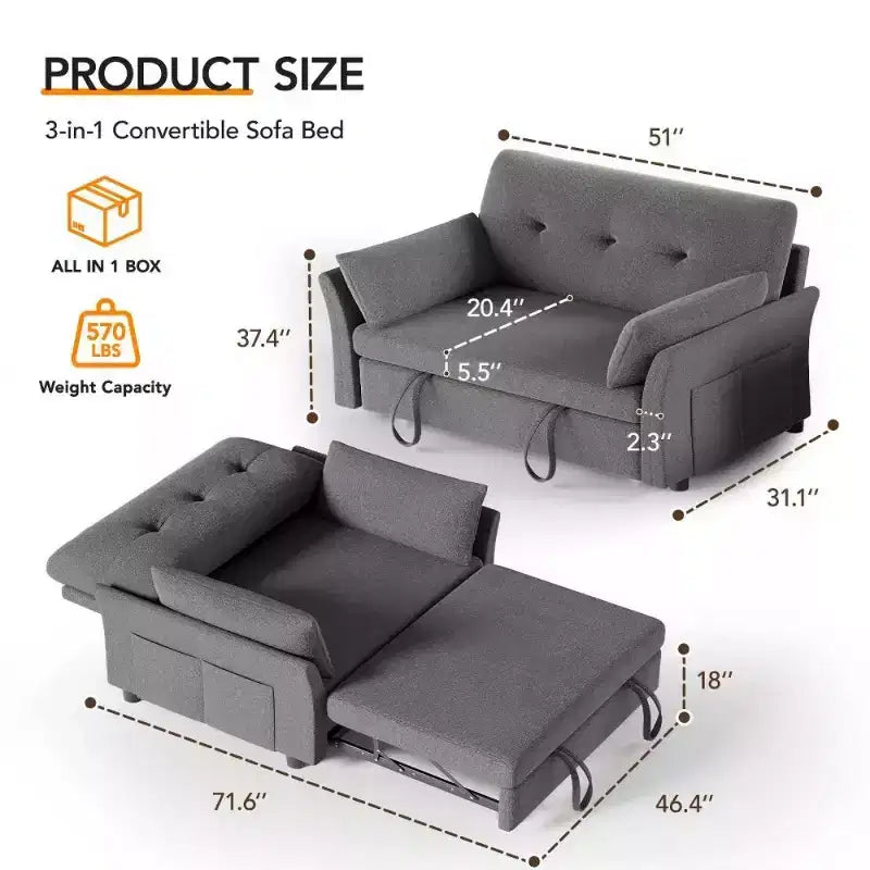 Divano letto Dyonery 51 3 in 1, divanetto trasformabile con letto estraibile, schienale regolabile, rivestimento in lino