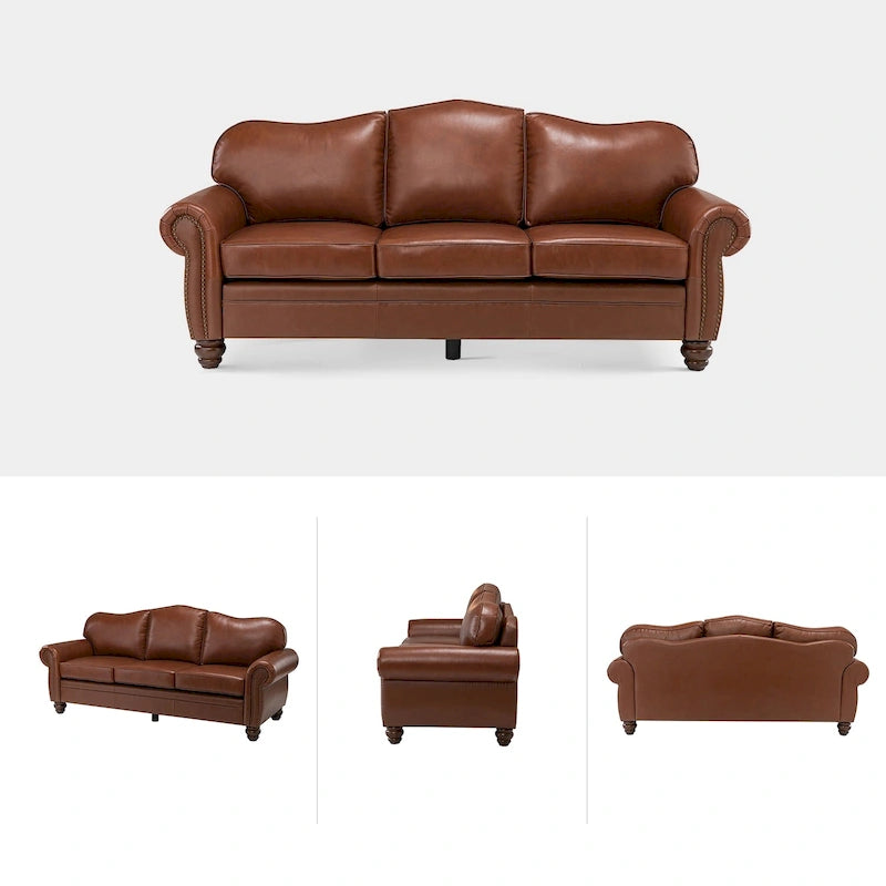 Balvino Sofa mit 81 cm Breite, im Übergangsstil, aus echtem Leder, mit gerollten Armlehnen, Nagelkopfbesatz und abnehmbaren Kissen