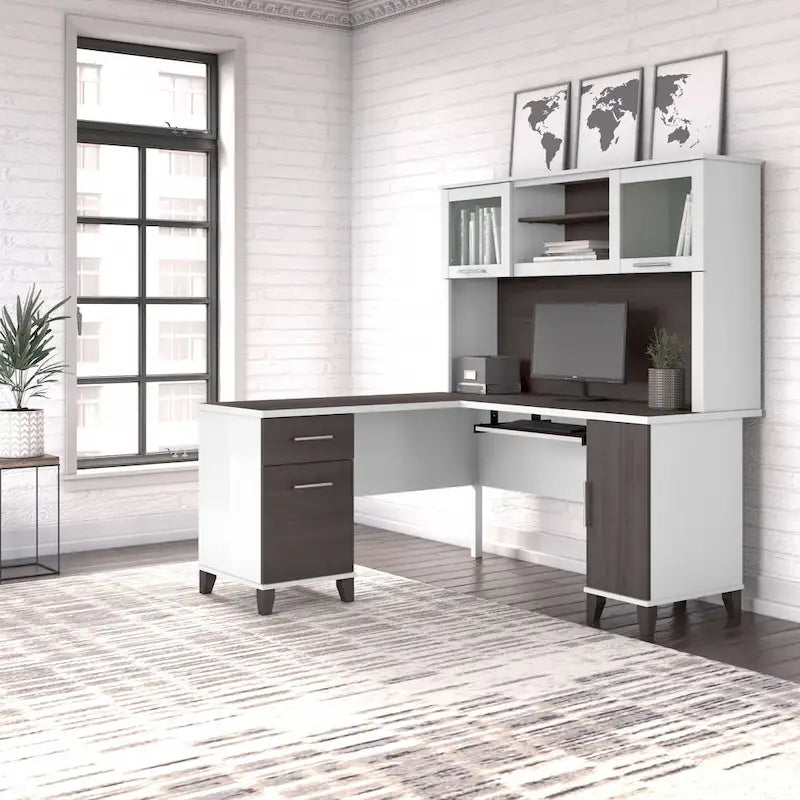 Bush Furniture Somerset 60W L-förmiger Schreibtisch mit Aufsatzregal