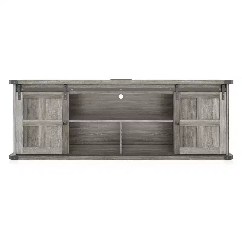 70-TV-Schrank für 75-Zoll-Fernseher, Unterhaltungsmöbel im Landhausstil mit Schiebetüren im Scheunentor-Stil und Stauraumschränken, moderner TV-Medienkonsolentisch