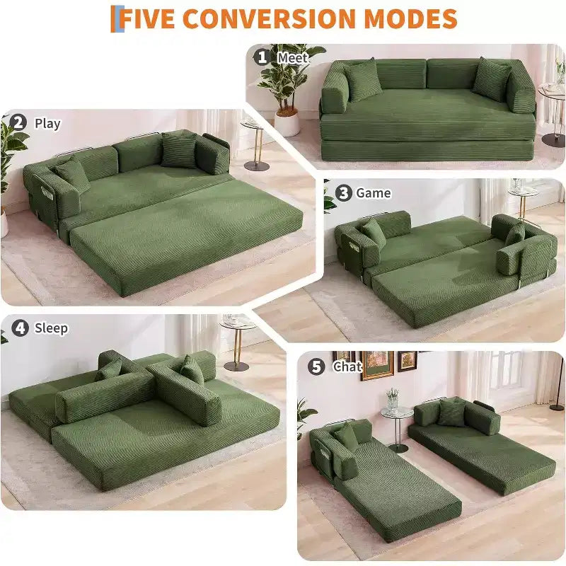 Canapé-lit convertible 5 en 1, banquette modulaire en velours côtelé de 78.8 avec cadre robuste, futon multifonction pour petits espaces, salon et chambre d’amis