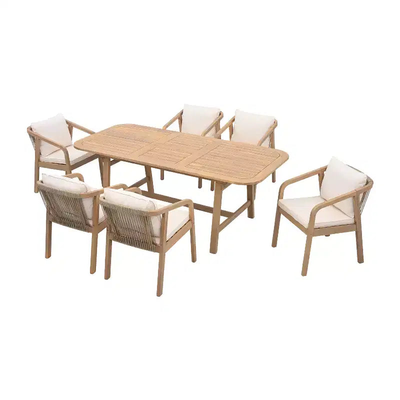 Christopher Knight Home Olcott 7-teiliges Garten-Esszimmer-Set aus Akazienholz mit ausziehbarem Tisch und geflochtenen Seil-Armlehnstühlen