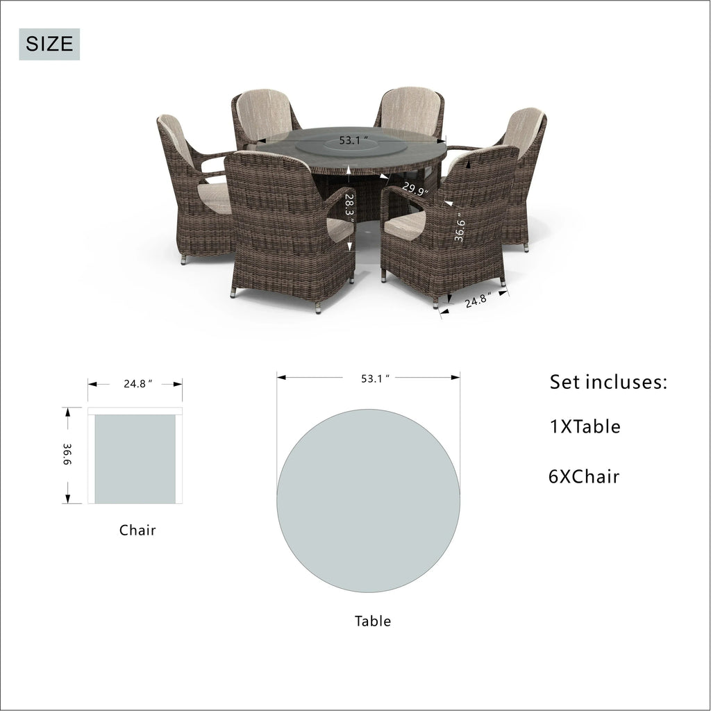 Ensemble de salle à manger rond de patio en rotin tressé d’extérieur, 7 pièces avec coussins, par Moda Furnishings