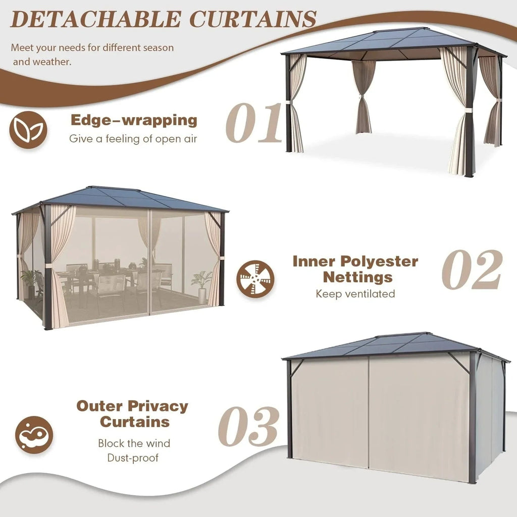 EROMMY hardtop-paviljoen, pergola voor buiten met dubbel dak, netten en gordijnen, extra stevig zonnescherm voor terras, achtertuin en zwembadfeest