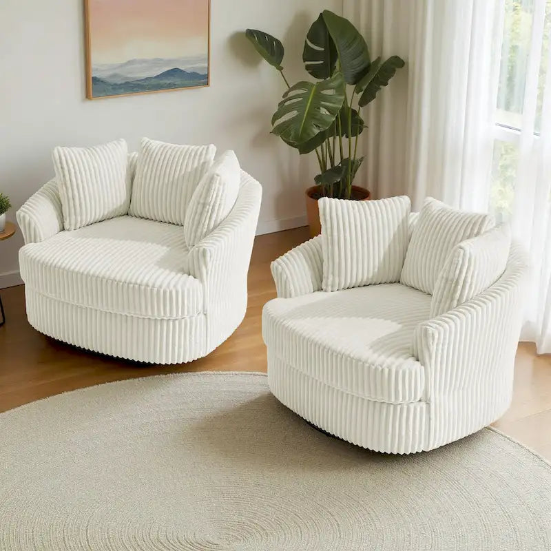 Set da 2 poltrone girevoli a botte oversize da 43 W in morbido velluto a coste con cuscini