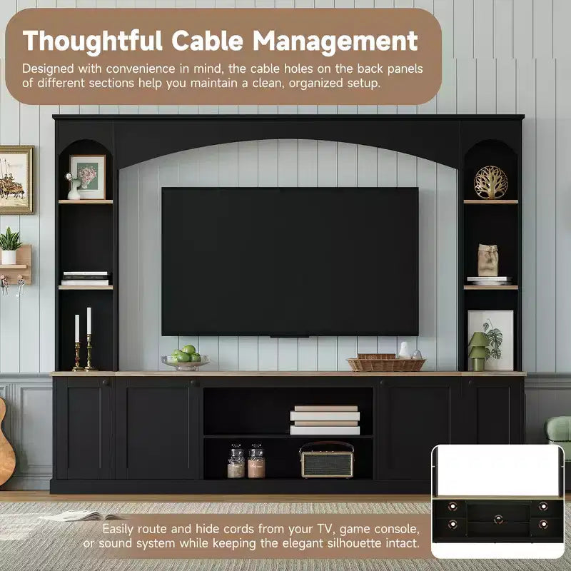 Whisen 91 Medienkonsole, geschwungene Entertainment-Center-Wandeinheit, TV-Schrank im Landhausstil mit Bücherregal in Holzoptik für Fernseher bis zu 70