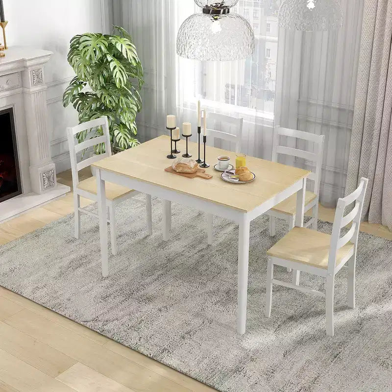 Costway 5-delige eetkamerset van massief hout, keukenmeubels met rechthoekige tafel en 4 stoelen, naturel/koffiekleur/grijs
