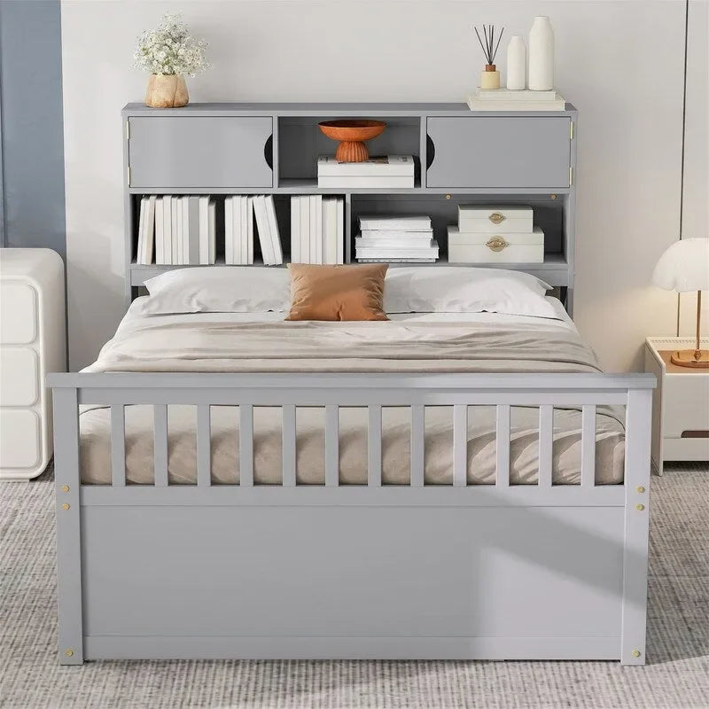 Letto a piattaforma Captain singolo/matrimoniale con 4 cassetti e ripiani contenitori, struttura in legno massello con testiera libreria contenitore