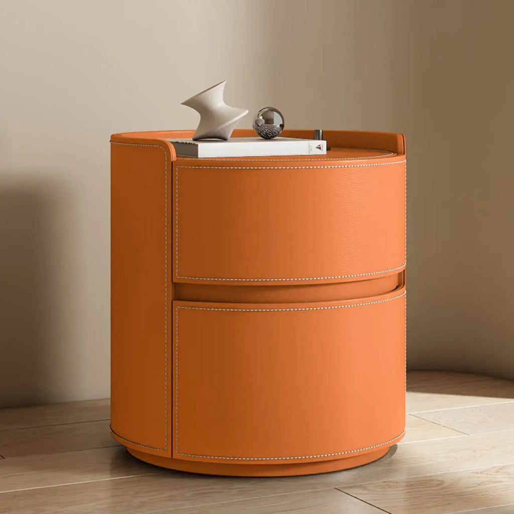 Comodino rotondo moderno con vassoio in pelle e 2 cassetti