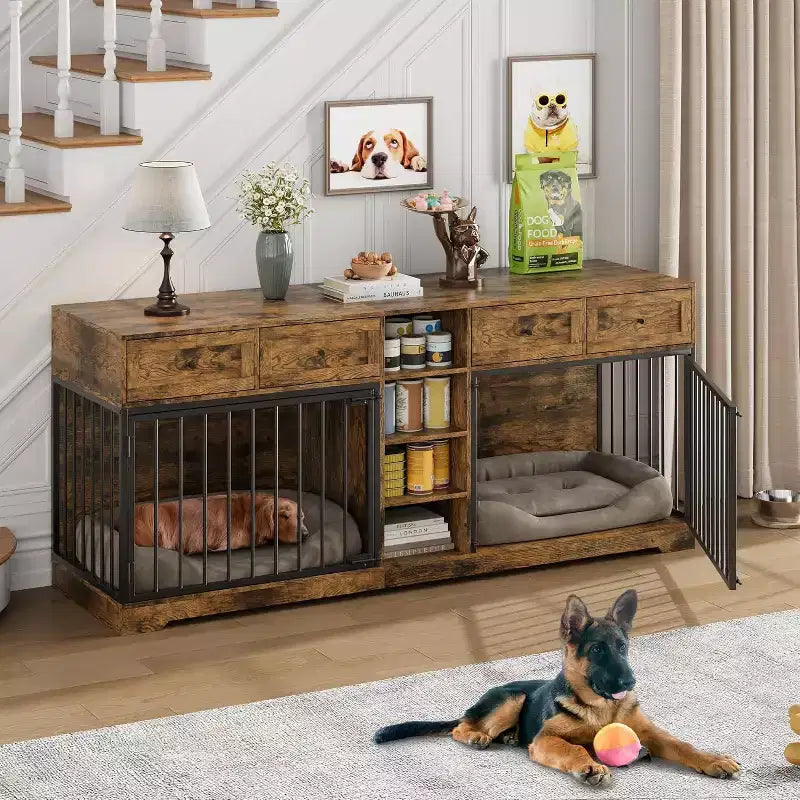 82 Hundebox-Möbel für zwei Hunde, große Hundehütte für den Innenbereich, robuste Hundebox aus Holz mit 4 Schubladen und Regalen, als TV-Ständer