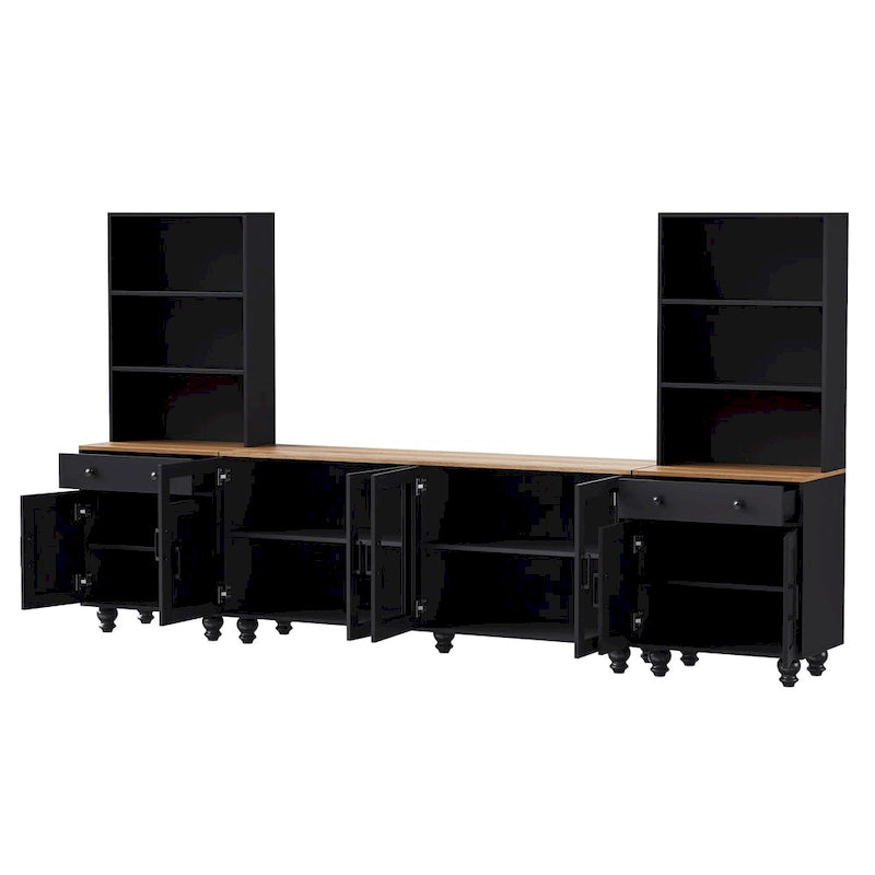 Zwart + donker walnootkleurig tv-meubel in landelijke stijl met boekenkasten en deuren van gehard glas voor tv's tot 70