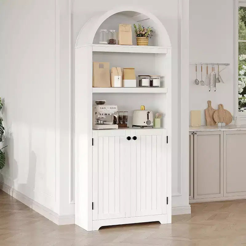 72 Tall Arched Cabinet, 5 Tier Arched Bookshelf with Double Doors & Adjustable Shelf, Wooden Bookcase with Storage for Home Office