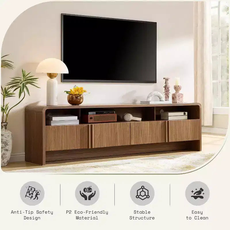 AMERLIFE Meuble TV moderne de 70 au design cannelé avec placards de rangement, pour téléviseurs jusqu'à 80, meuble de divertissement en bois, console multimédia pour le salon