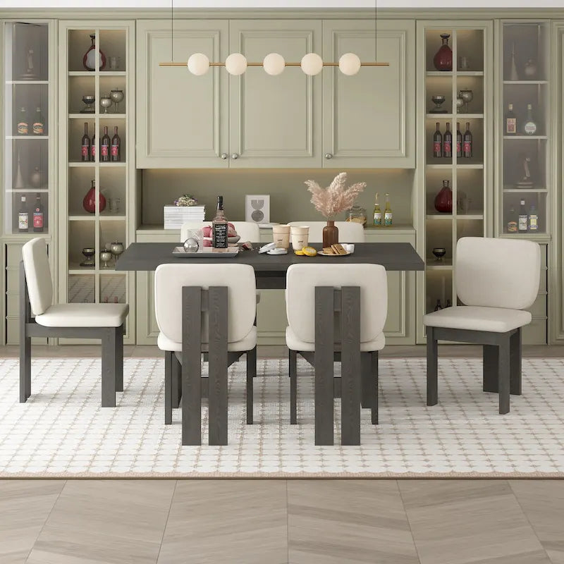 Set da pranzo in legno di transizione a 7 pezzi con tavolo rettangolare e 6 sedie