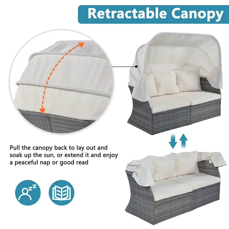 Graues Outdoor-Daybed aus Rattan mit Kissen und ausziehbarem Sonnendach