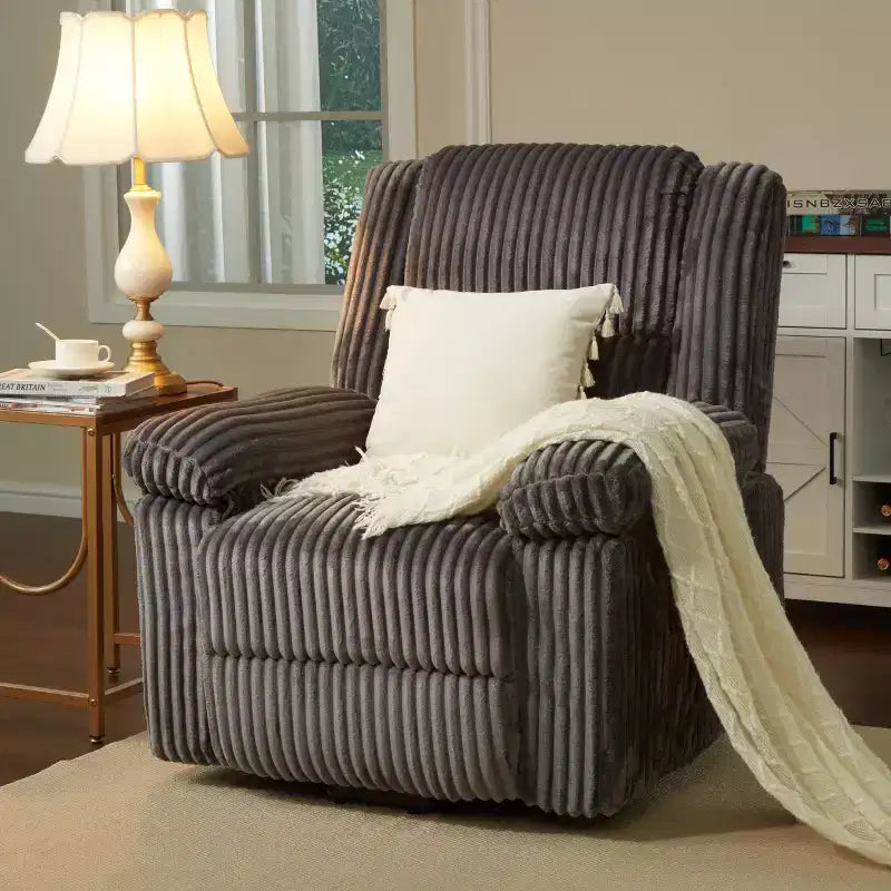 Fauteuil inclinable en velours côtelé, canapé inclinable manuel avec poignée, accoudoirs à plateau rembourré, rembourrage épais, poche latérale, salon, chambre, salle de cinéma maison, gris foncé