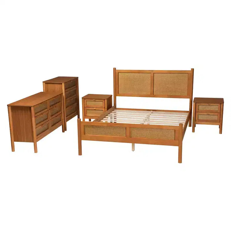 Baxton Studio Jenn Japandi-slaapkamersset van 5 delen in goudbruin hout, queensize, met rotan met verweerde afwerking