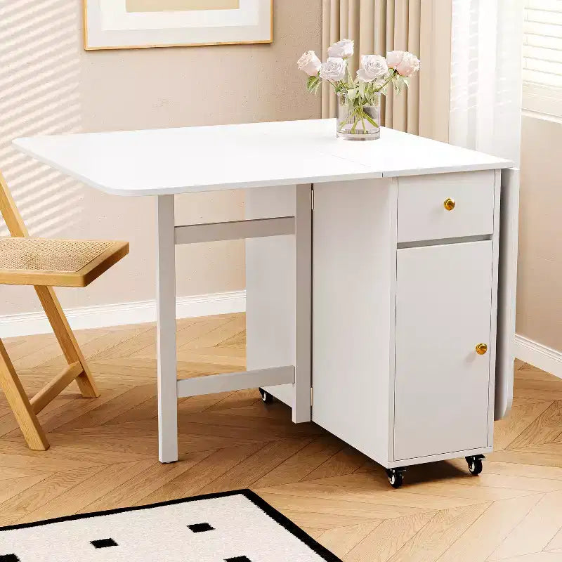 ATJafurn opklapbare eettafel van 59 inch met neerklapbare bladen voor kleine ruimtes, rechthoekige uitschuifbare houten keukentafel met wielen en opbergruimte