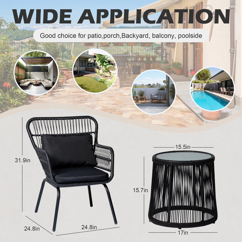 3-teiliges Outdoor-Bistroset aus Korbgeflecht, wetterfeste Rattan-Gartenmöbel mit Stühlen und Kissen