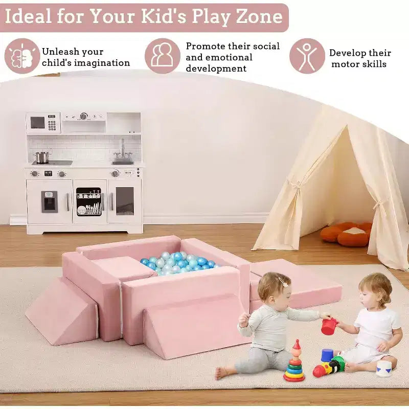 Kletter-Sofa für drinnen, 12-teiliges modulares Spielsofa mit quadratischem Bällebad und Kletterrampe, Spielset mit Polstern
