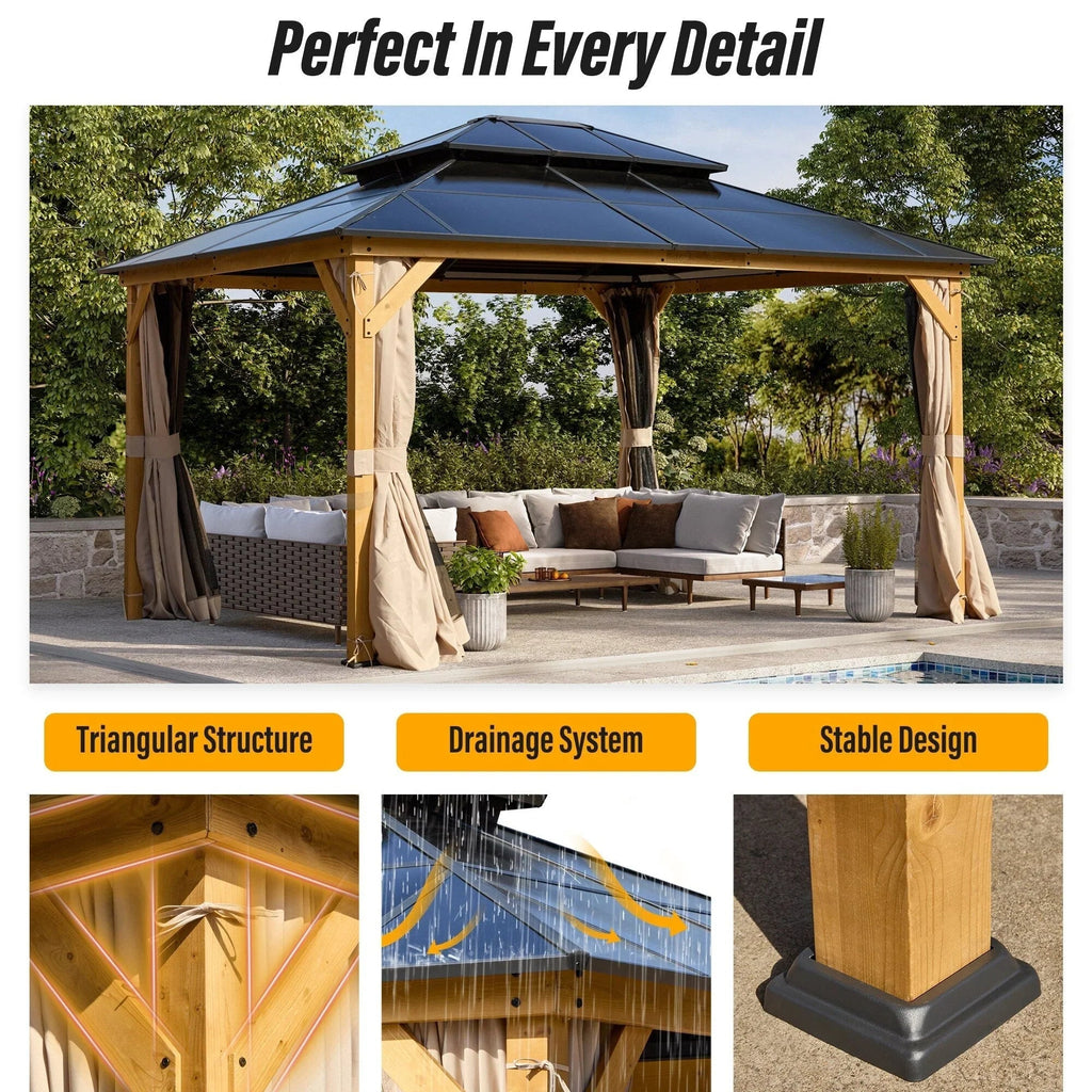 EROMMY hardtop-paviljoen, pergola voor buiten met dubbel dak, netten en gordijnen, extra stevig zonnescherm voor terras, achtertuin en zwembadfeest