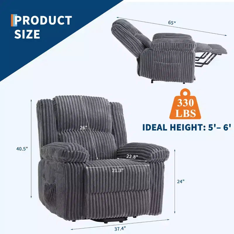 Fauteuil inclinable en velours côtelé, canapé inclinable manuel avec poignée, accoudoirs à plateau rembourré, rembourrage épais, poche latérale, salon, chambre, salle de cinéma maison, gris foncé
