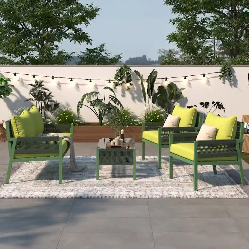 4-teiliges Gartenmöbelset, Sitzgruppe für den Garten mit Tisch aus gehärtetem Glas, tiefer Sitzfläche und dicken Polstern