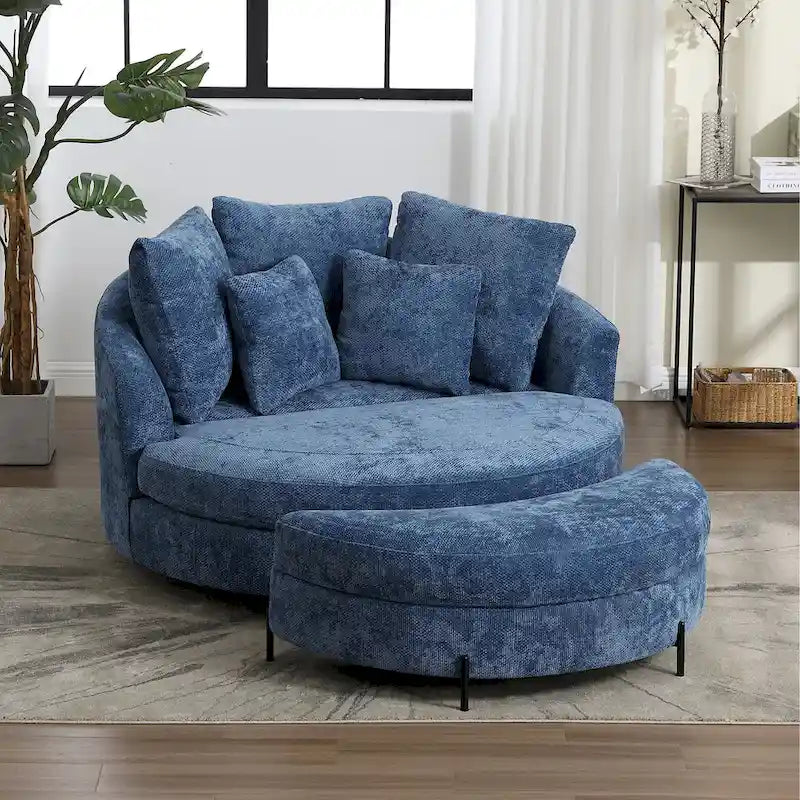 Fauteuil canapé moderne rond de style tonneau avec 5 coussins et pouf en option