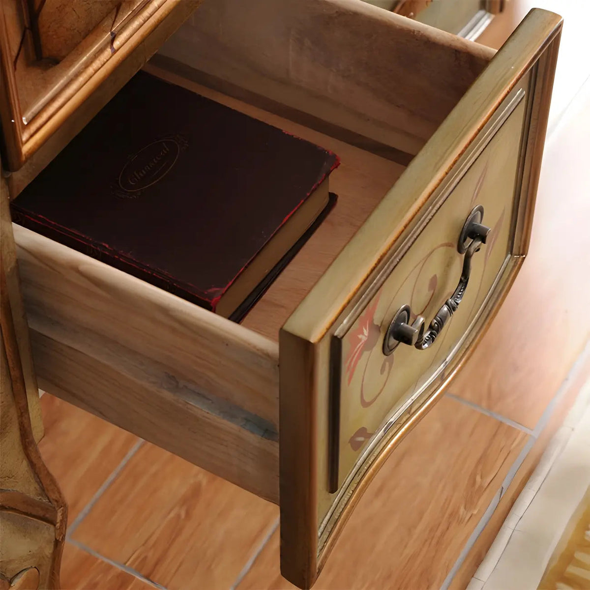 Franse houten koffiekleurige opbergconsoletafel met laden