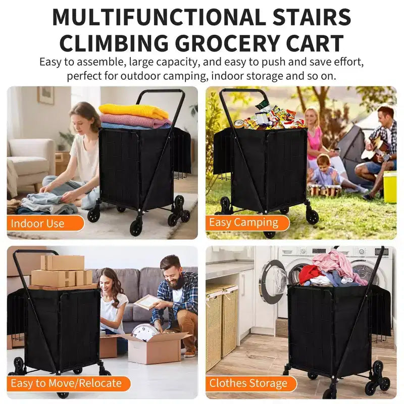 Chariot de courses tout-terrain pour escaliers - 3 roues pivotantes à 360, doublure imperméable,135LBS,chariot pliant en acier au carbone pour le linge et les courses