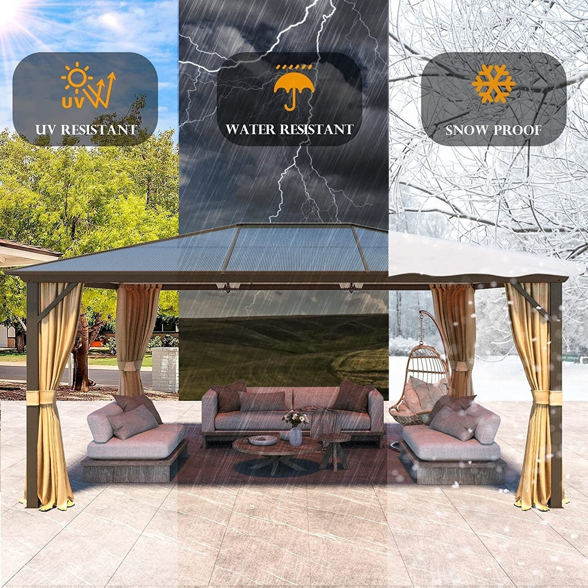 EROMMY hardtop-paviljoen, pergola voor buiten met dubbel dak, netten en gordijnen, extra stevig zonnescherm voor terras, achtertuin en zwembadfeest