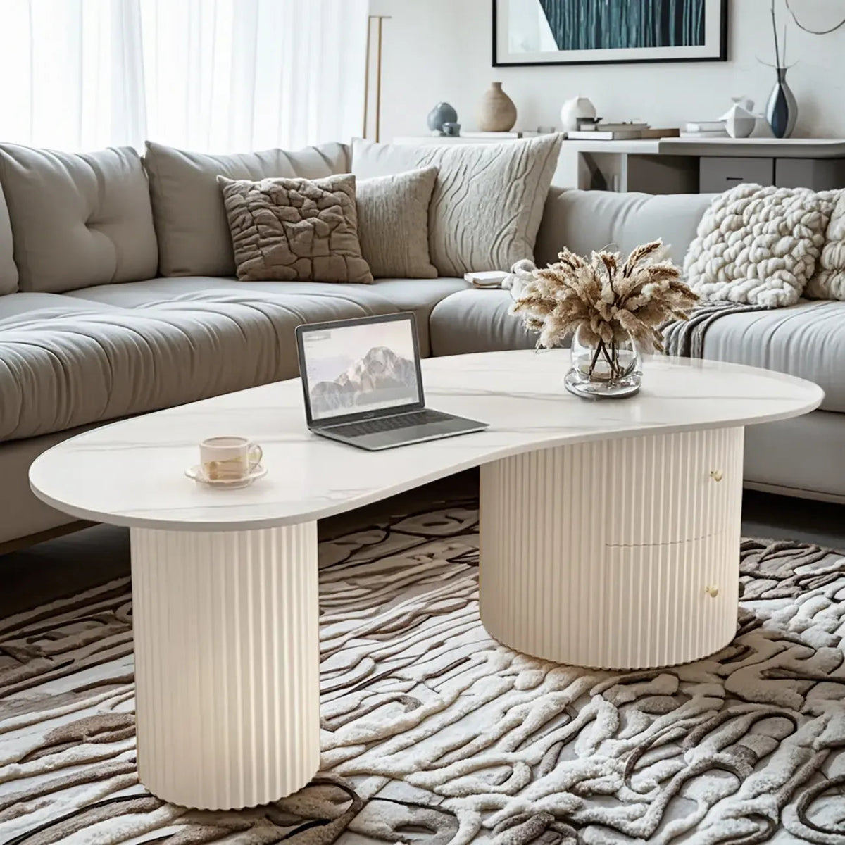 Minimalistische standaard witte ovale salontafel met 2 laden