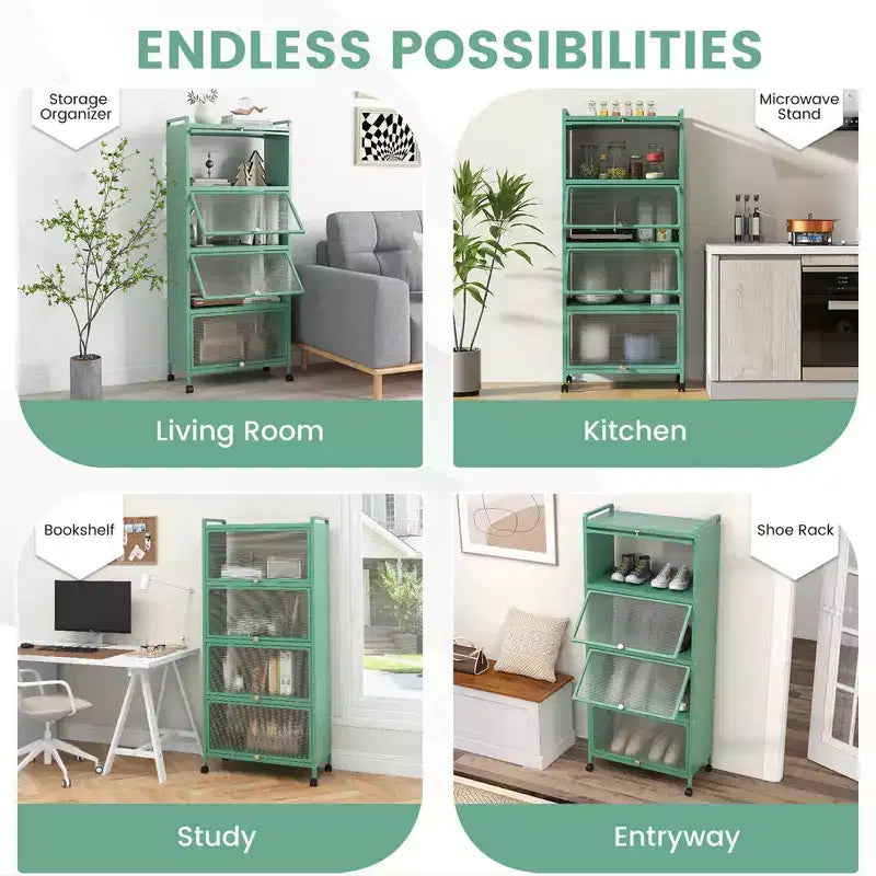 Étagère de cuisine Costway à 5 niveaux avec placard de rangement, support mobile pour micro-ondes et portes relevables, blanc/noir/gris/vert