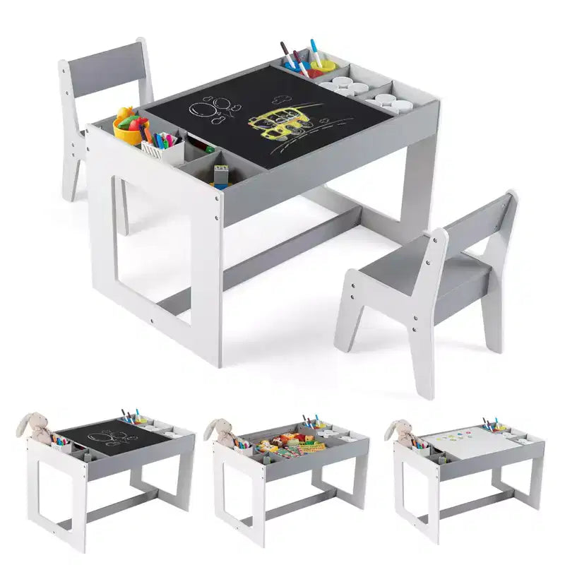 Costway multifunktionales Kindertisch- und 2-Stühle-Set mit abnehmbarer, doppelt großer Tischplatte, Grau + Weiß/Natur + Weiß