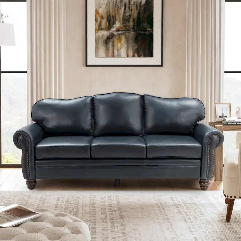 Balvino Sofa mit 81 cm Breite, im Übergangsstil, aus echtem Leder, mit gerollten Armlehnen, Nagelkopfbesatz und abnehmbaren Kissen