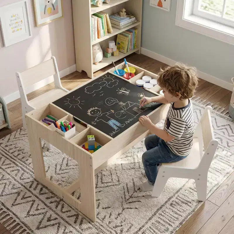 Costway multifunktionales Kindertisch- und 2-Stühle-Set mit abnehmbarer, doppelt großer Tischplatte, Grau + Weiß/Natur + Weiß